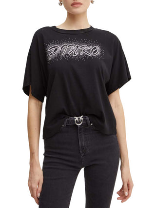 Pinko T-shirt manica corta Duetto con logo strass nero