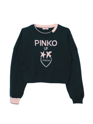 Pinko Kids maglia girocollo con logo jacquard nero rosa