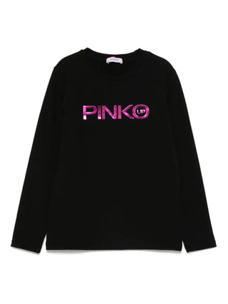 Pinko T-shirt manica lunga con logo nero fucsia