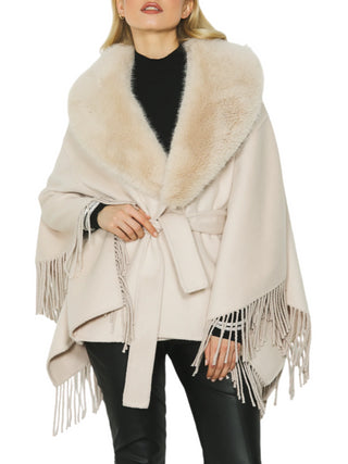 Relish cappotto kimono Denise con collo in ecopelliccia beige