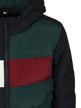 Tommy Hilfiger giubbino imbottito colorblock con cappuccio blu verde rosso