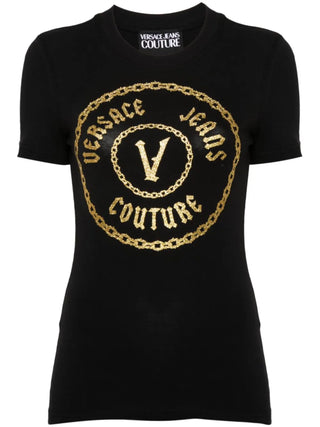 Versace Jeans Couture T-shirt manica corta con logo glitter nero oro