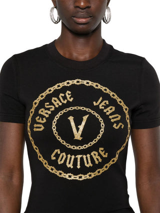 Versace Jeans Couture T-shirt manica corta con logo glitter nero oro