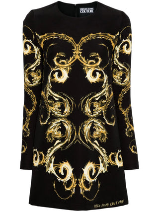 Versace Jeans Couture abito corto manica lunga in fantasia barocca nero oro