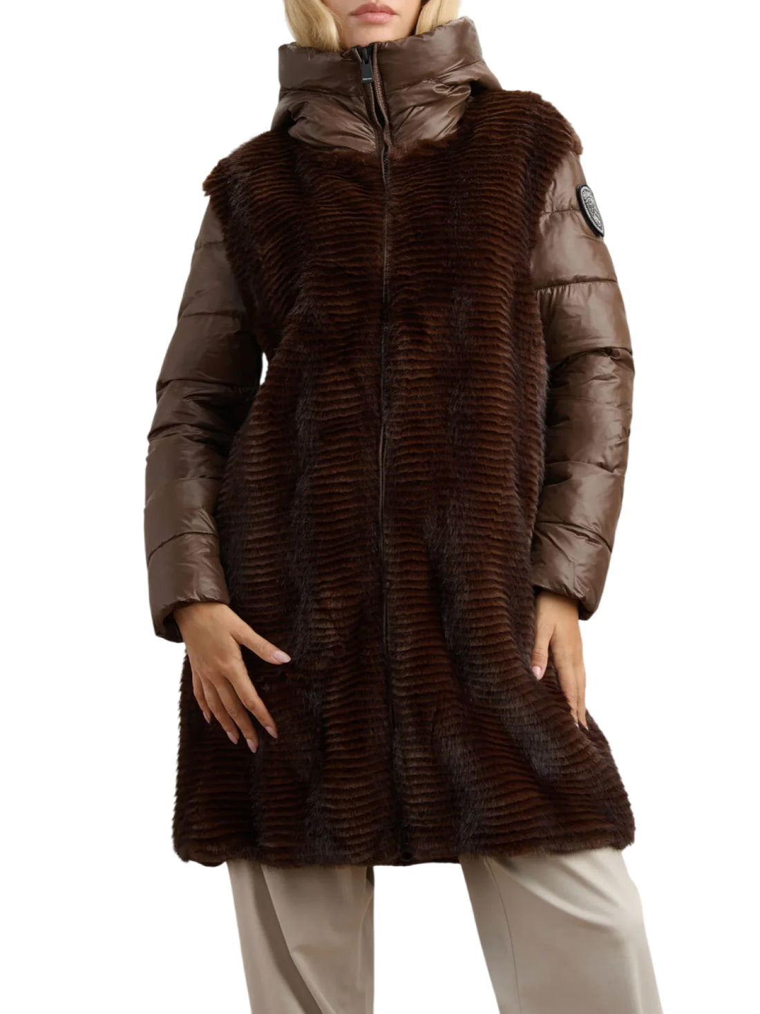 Blauer piumino lungo donna Aspen in ecopelliccia e nylon marrone