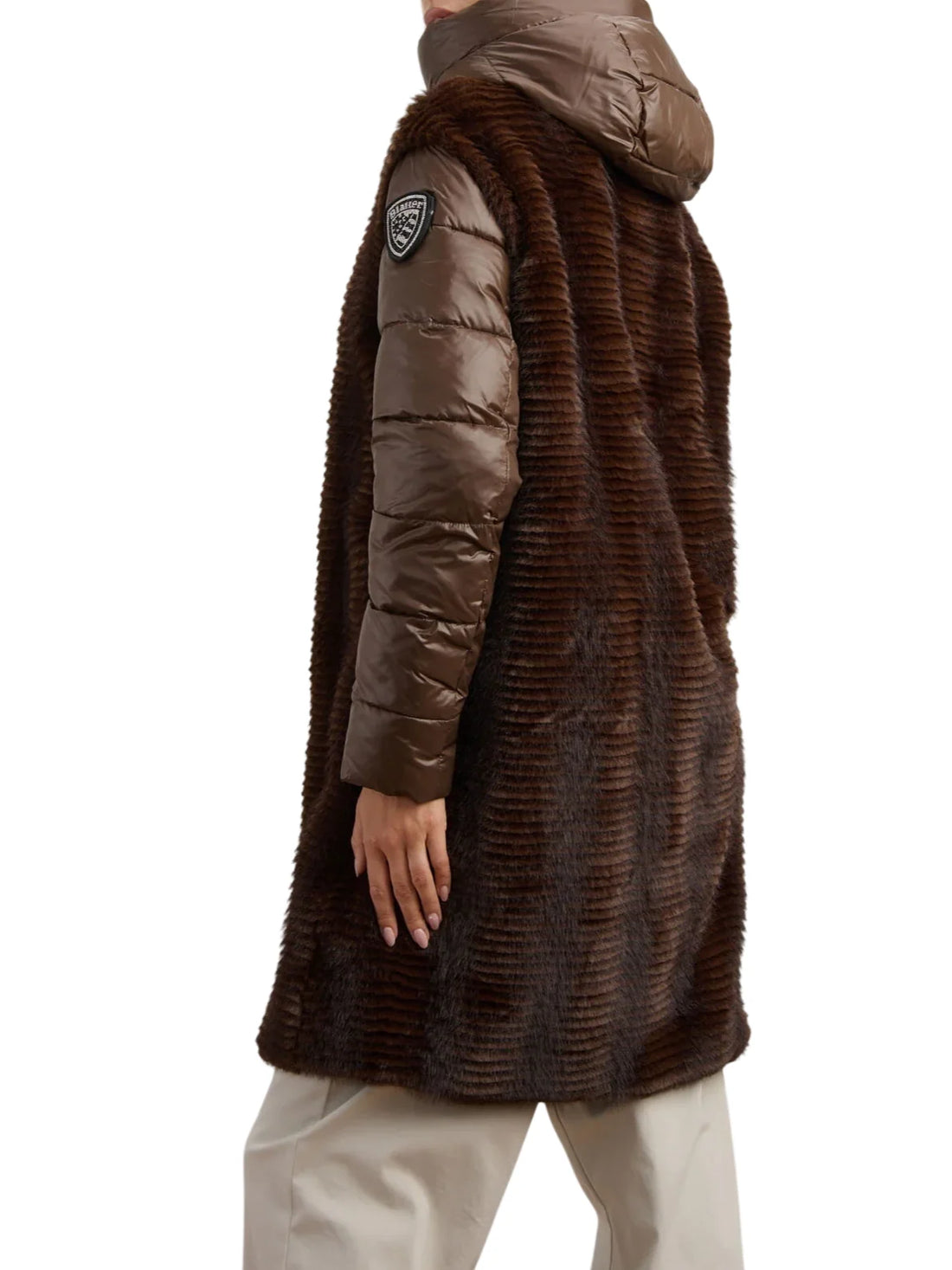 Blauer piumino lungo donna Aspen in ecopelliccia e nylon marrone