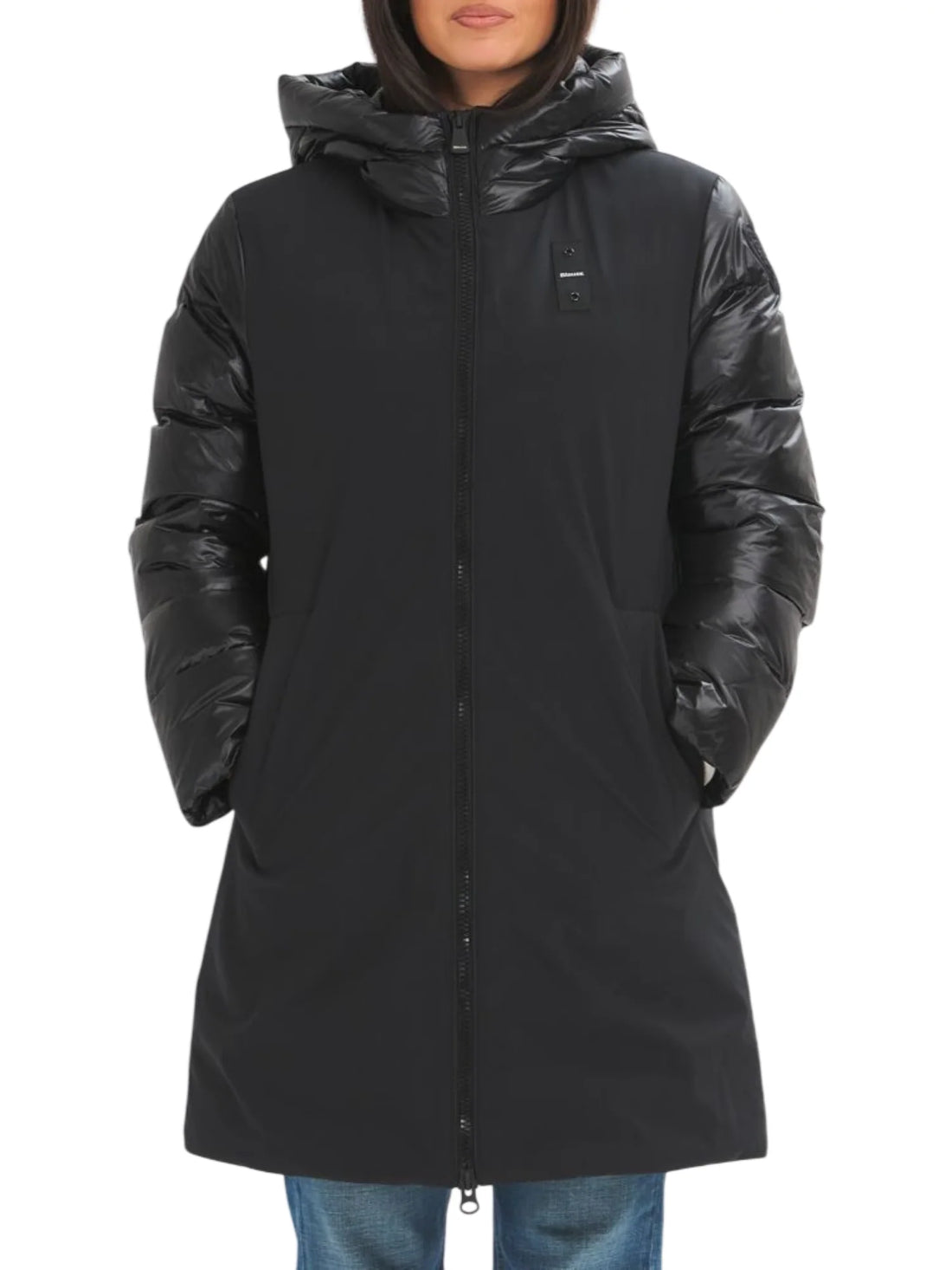 Blauer piumino lungo donna Sawyer con cappuccio nero
