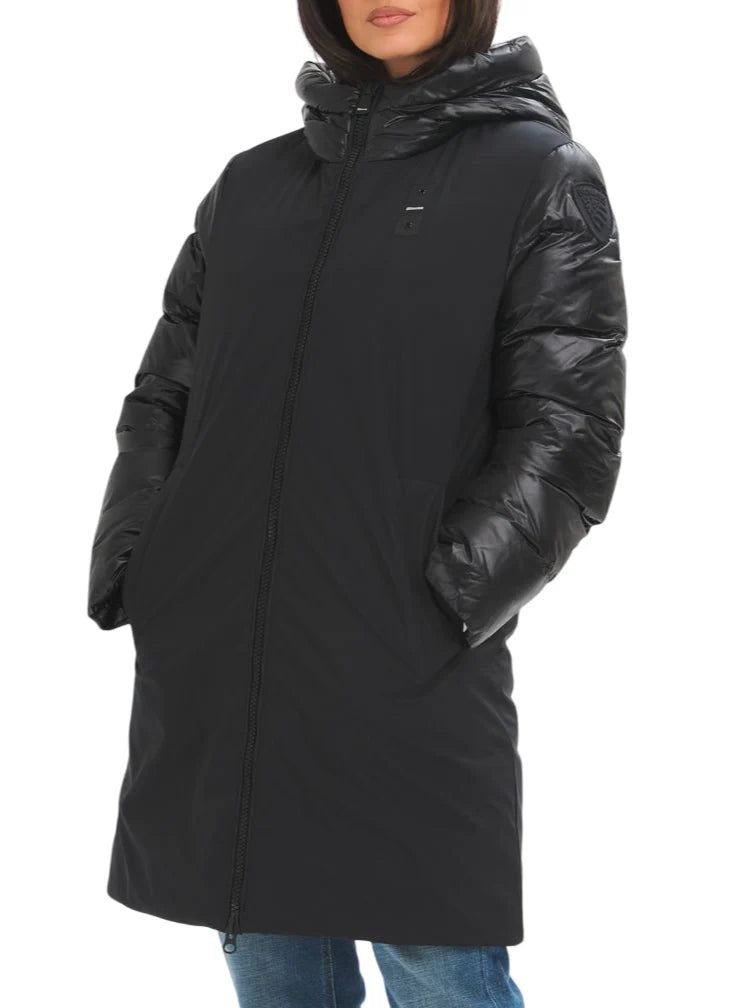 Blauer piumino lungo donna Sawyer con cappuccio nero