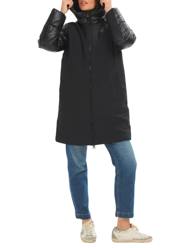 Blauer piumino lungo donna Sawyer con cappuccio nero