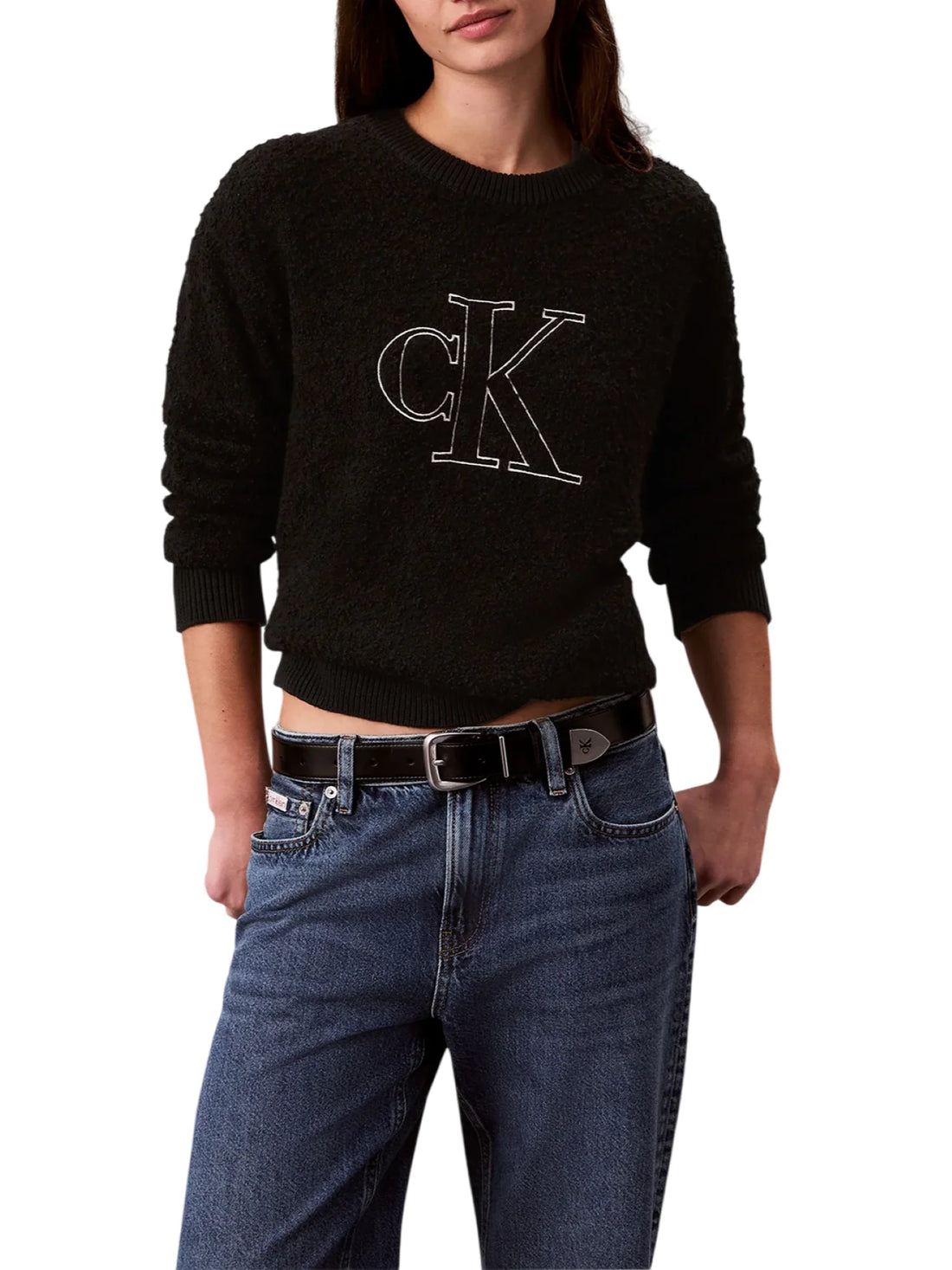 Calvin Klein Jeans maglia donna bouclè con logo nero