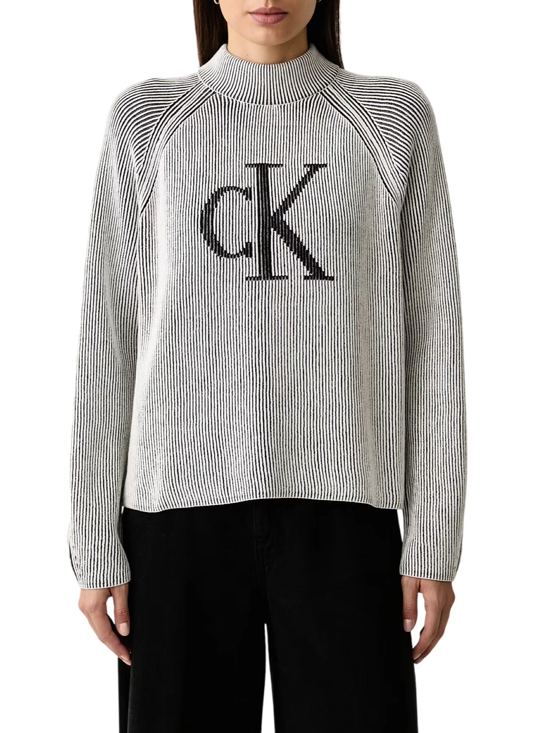 Calvin Klein Jeans maglia lupetto donna bicolor con logo nero bianco