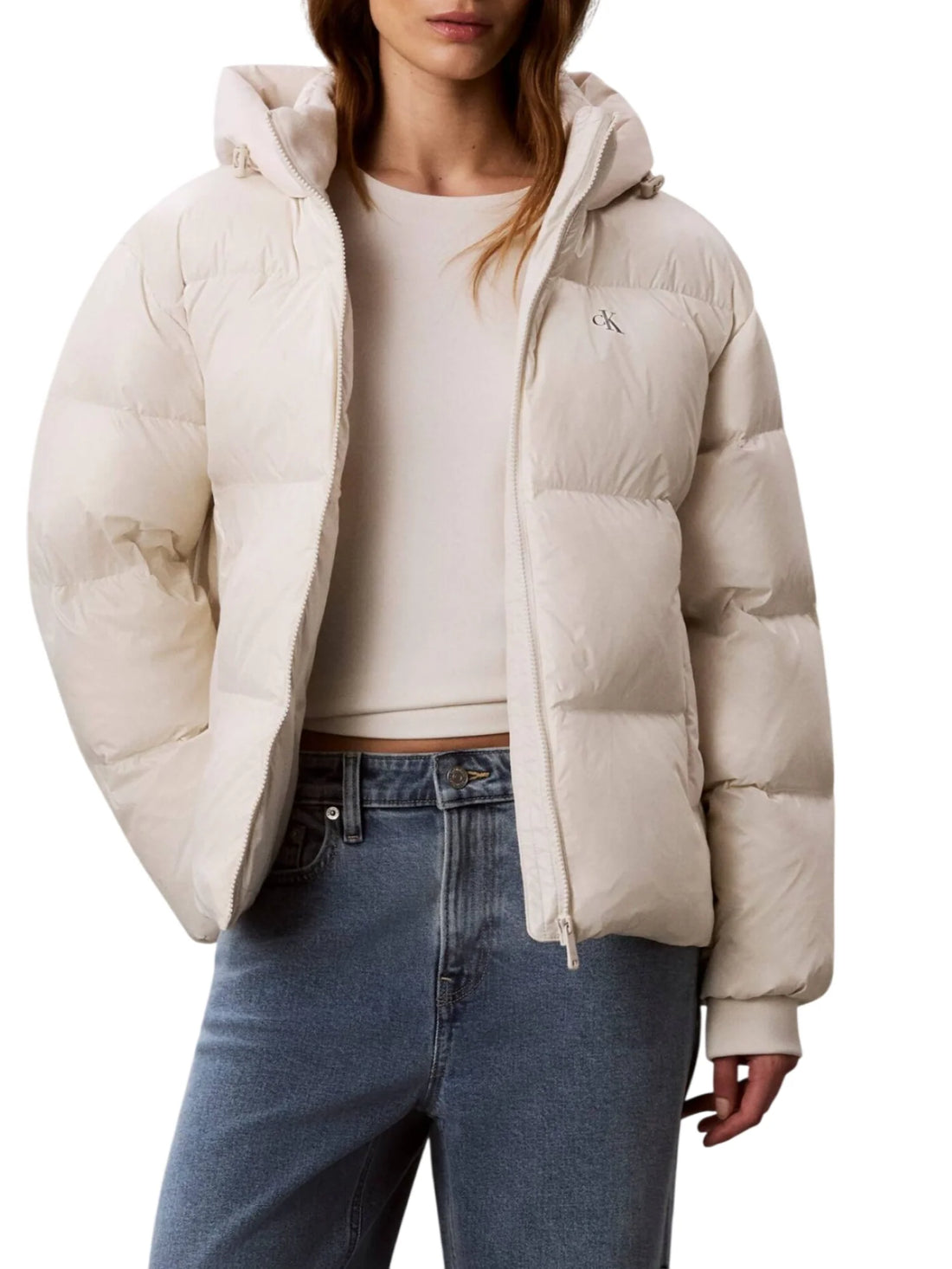 Calvin Klein Jeans piumino donna trapuntato con cappuccio panna