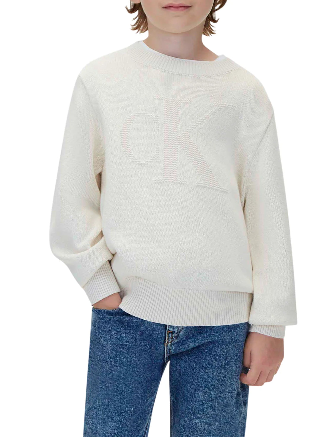 Calvin Klein Jeans maglia bambino con logo jaquard ecrù