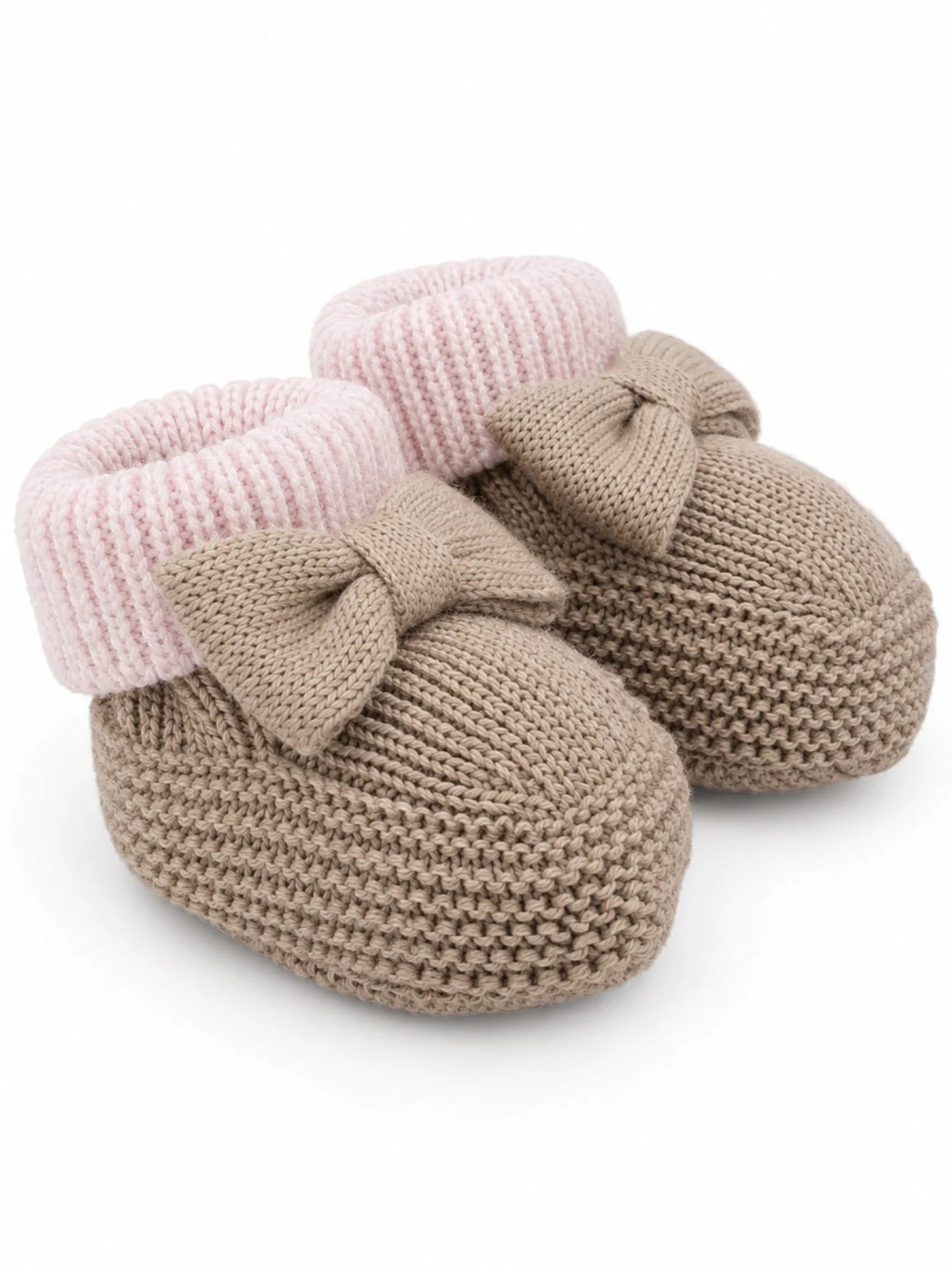 Colori Chiari babbucce neonata in lana con fiocco tortora rosa