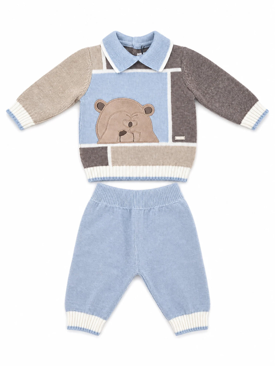 Colori Chiari completo maglia e pantaloni in lana con orsetto celeste beige