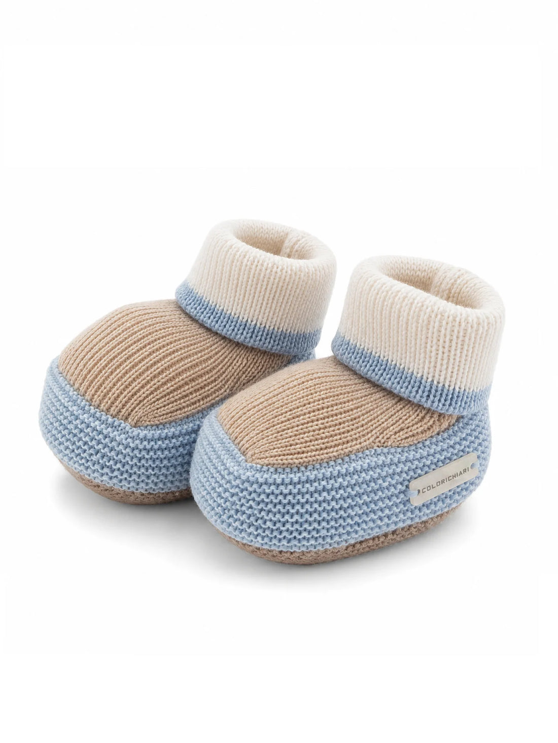 Colori Chiari babbucce neonato in lana colorblock celeste beige