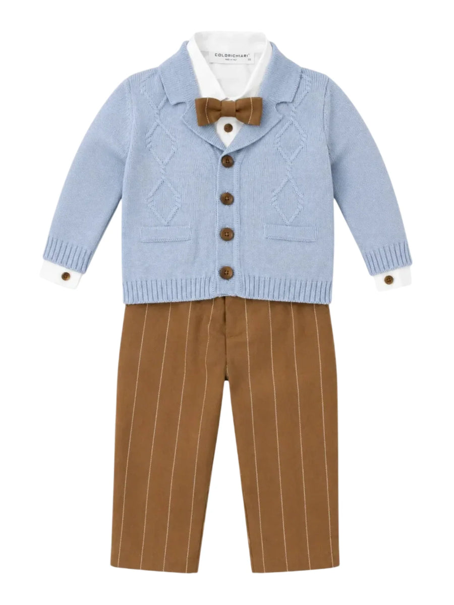 Colori Chiari completo elegante neonato cardigan camicia pantaloni papillon celeste marrone