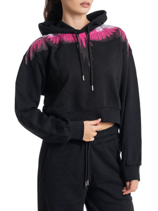 County of Milan felpa donna crop con cappuccio nero fucsia CM30204 NERO-PINK COUNTY OF MILAN 