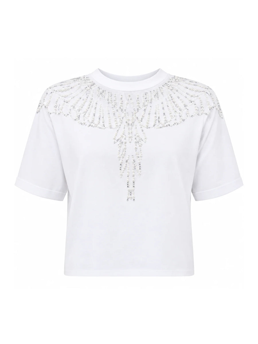 County of Milan T-shirt crop donna manica corta con applicazioni gioiello latte CM30272 OFF WHITE COUNTY OF MILAN