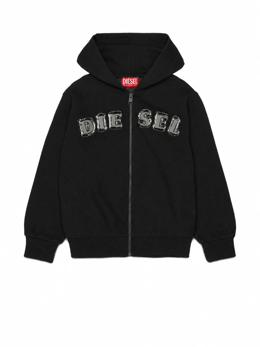 Diesel felpa bambino con zip e cappuccio logo denim nero