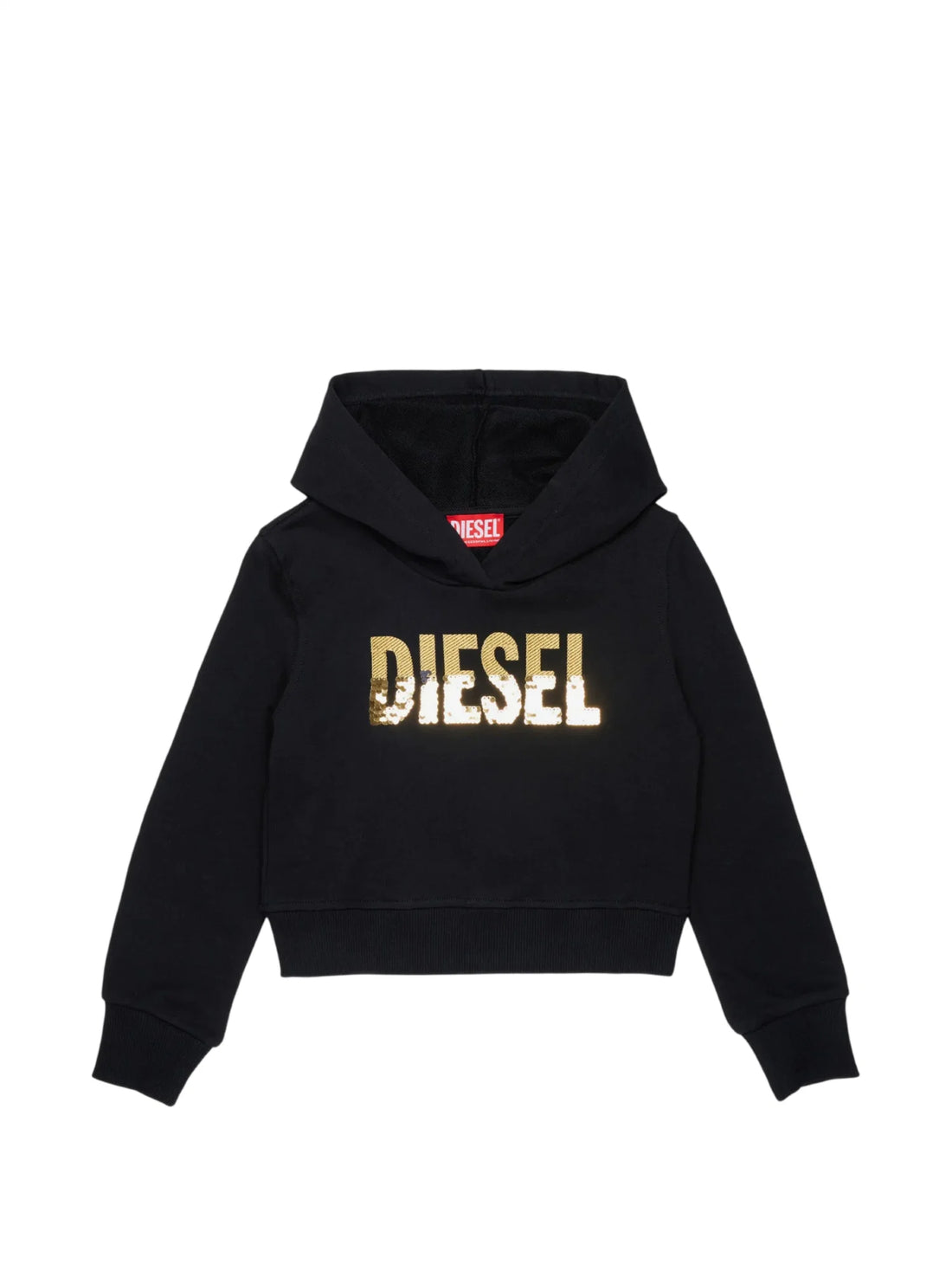 Diesel felpa bambina con cappuccio logo paillettes nero oro