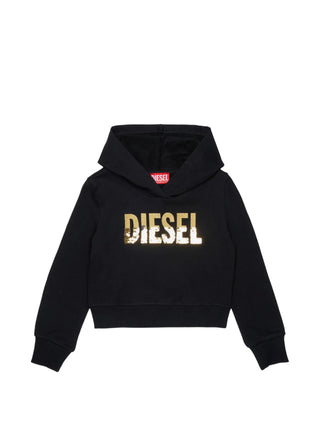 Diesel felpa bambina con cappuccio logo paillettes nero oro J03021-KYA2L K900 DIESEL 