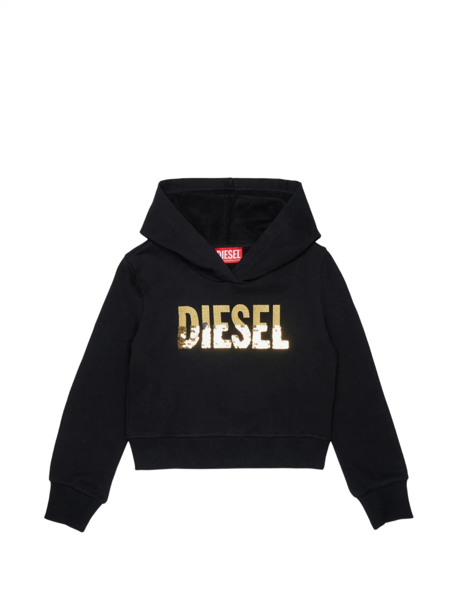 Diesel felpa bambina con cappuccio logo paillettes nero oro J03021-KYA2L K900 DIESEL 