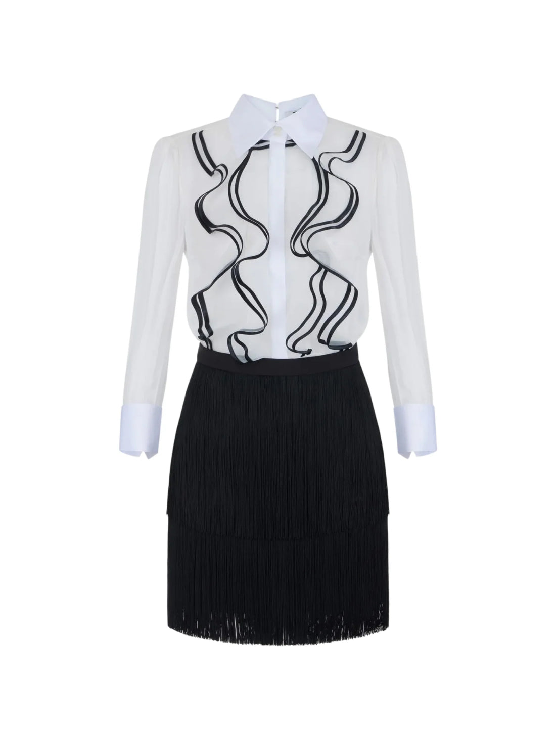 Elisabetta Franchi abito corto camicia con rouches e gonna a frange bianco nero