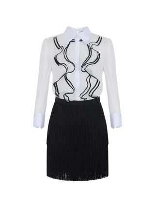 Elisabetta Franchi abito corto camicia con rouches e gonna a frange bianco nero AB02267 309 ELISABETTA FRANCHI 