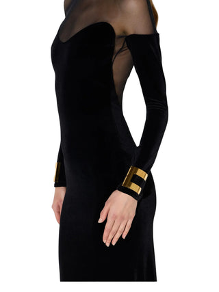 Elisabetta Franchi abito lungo Red Carpet in velluto e tulle nero ABR2967 110 ELISABETTA FRANCHI 