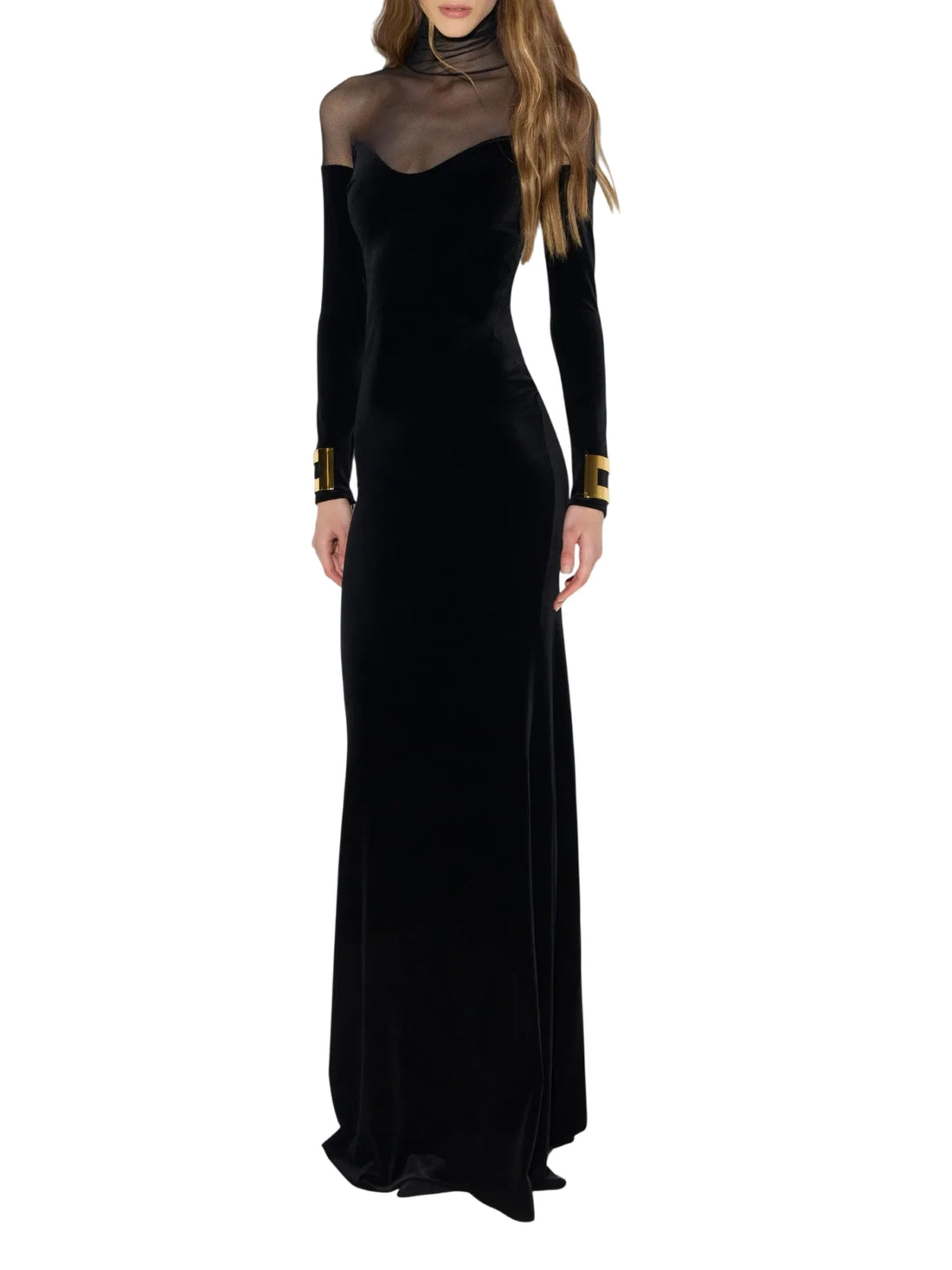 Elisabetta Franchi abito lungo Red Carpet in velluto e tulle nero