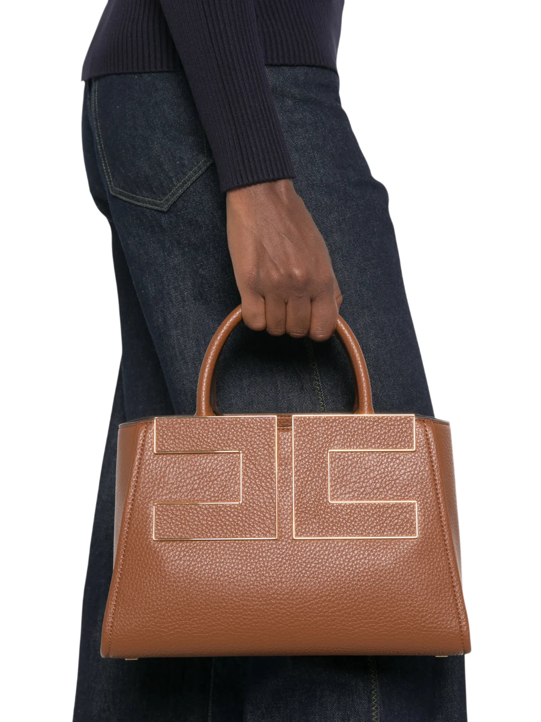 Elisabetta Franchi borsa donna in ecopelle martellata con placca logo cuoio