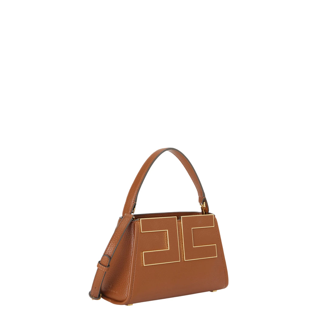 Elisabetta Franchi borsa a mano con tracolla placca logo marrone cuoio