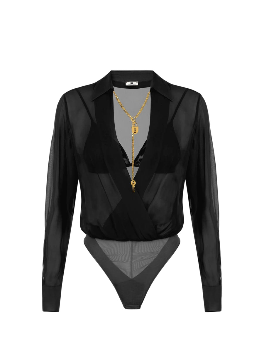 Elisabetta Franchi camicia body in georgette con reggiseno satin nero