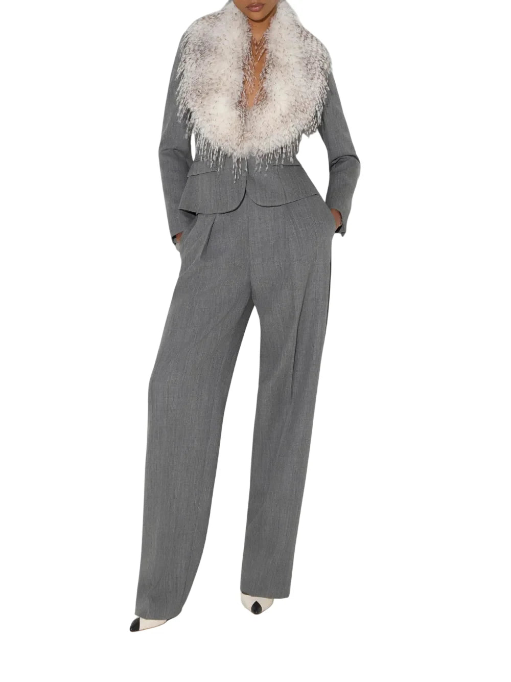 Elisabetta Franchi giacca donna in lana con collo in ecopelliccia grigio
