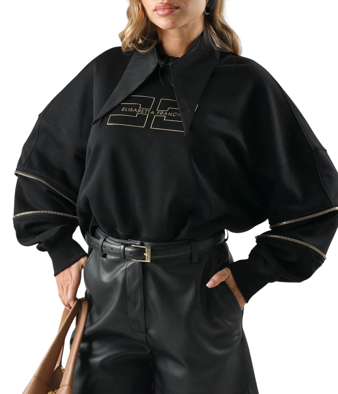 Elisabetta Franchi felpa donna con zip e logo nero