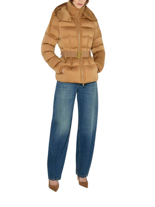 Elisabetta Franchi piumino donna con cappuccio e cintura marrone PI92D66 AI6 ELISABETTA FRANCHI 