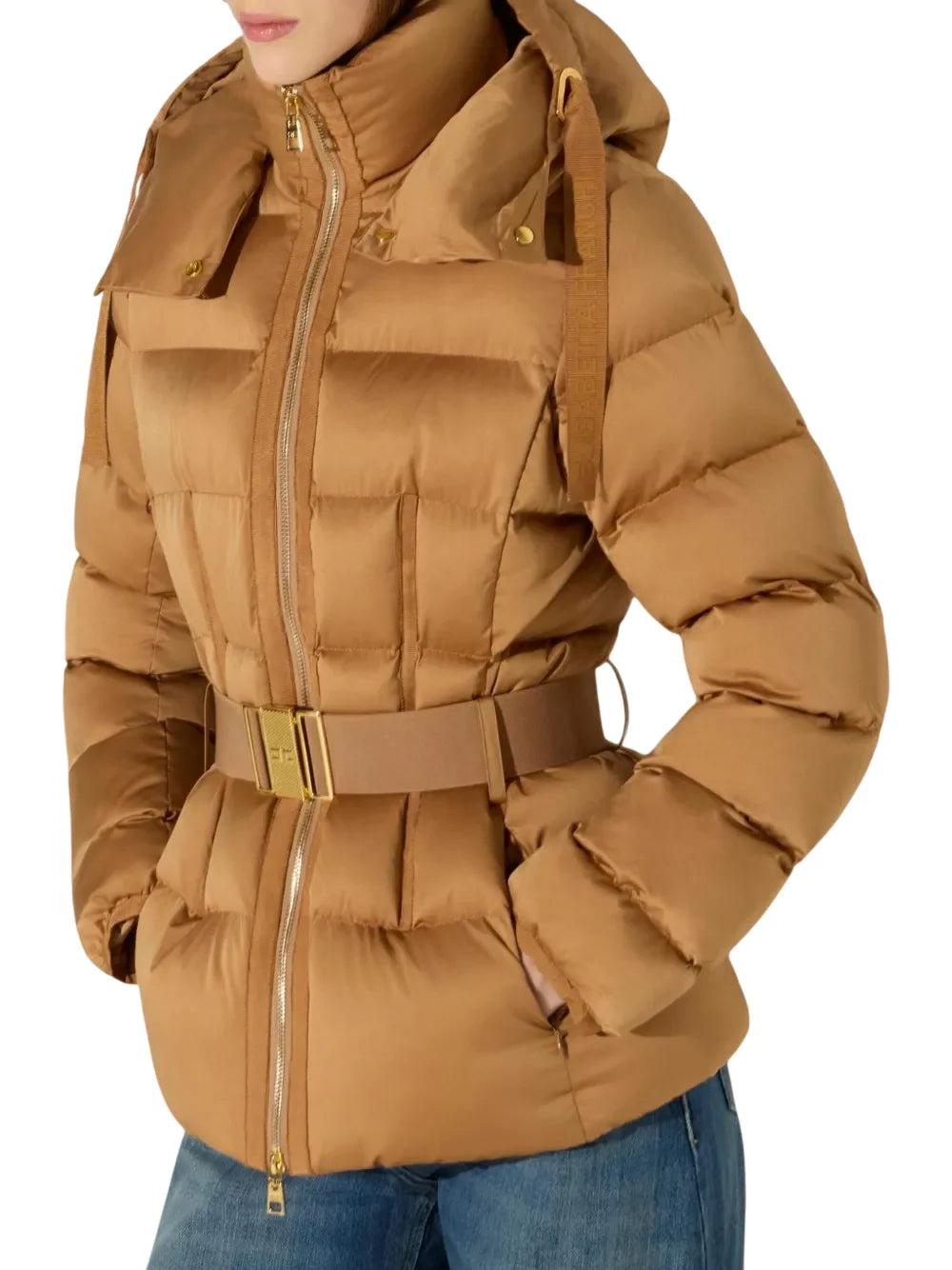 Elisabetta Franchi piumino donna con cappuccio e cintura marrone