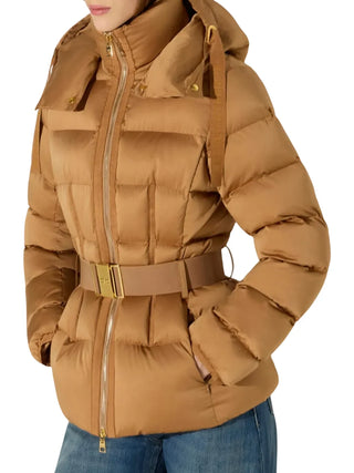 Elisabetta Franchi piumino donna con cappuccio e cintura marrone PI92D66 AI6 ELISABETTA FRANCHI 