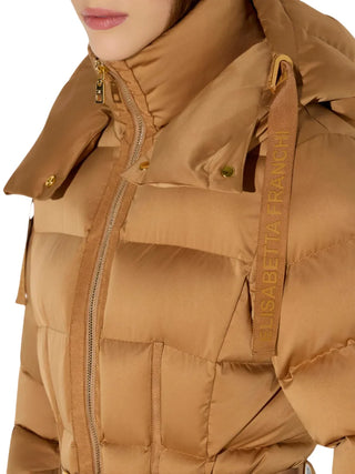 Elisabetta Franchi piumino donna con cappuccio e cintura marrone PI92D66 AI6 ELISABETTA FRANCHI