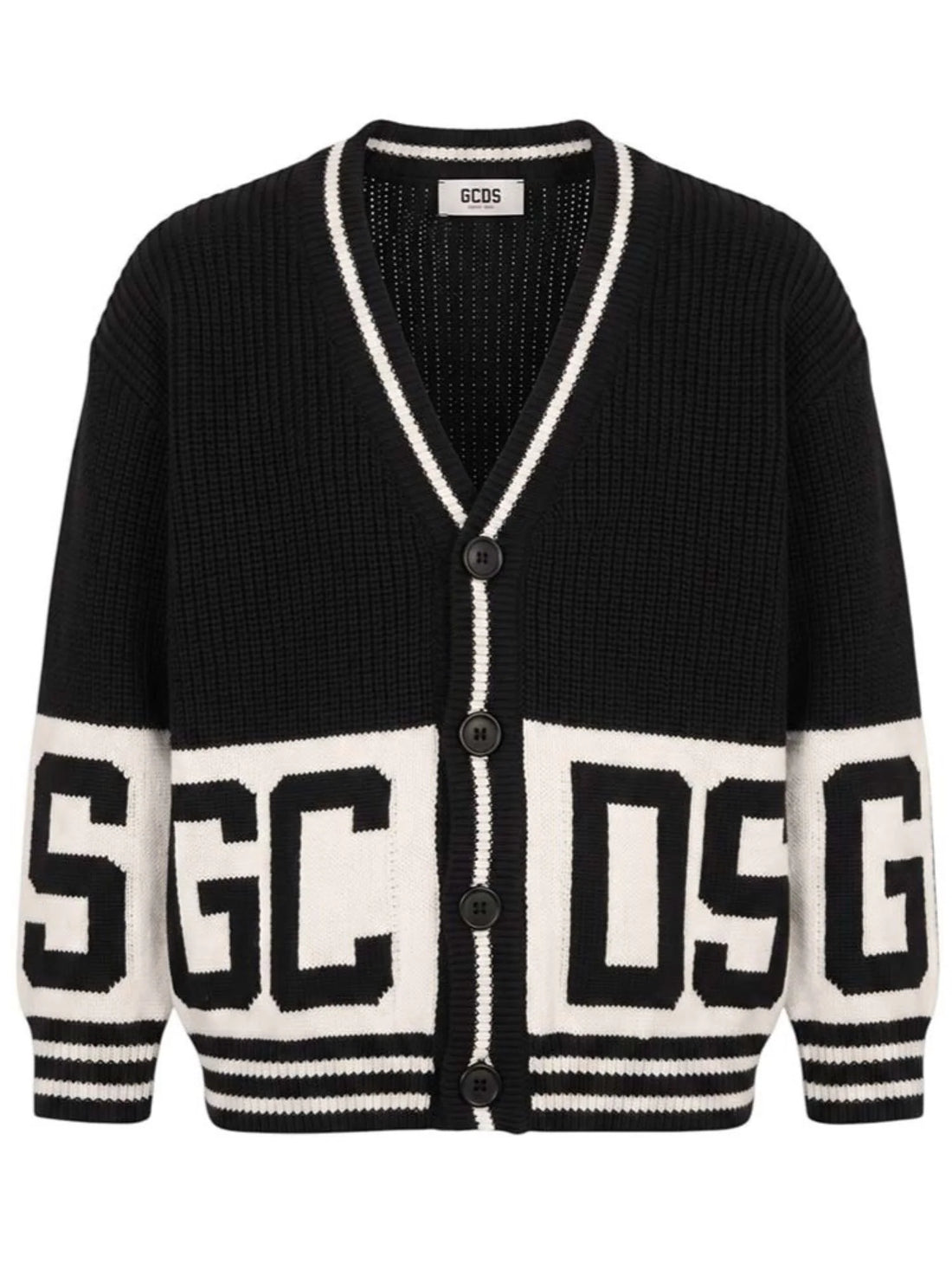 GCDS cardigan unisex  bambino con banda logo jacquard nero