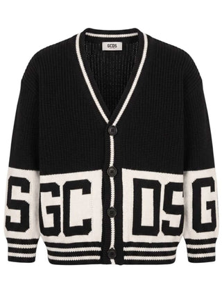 GCDS cardigan unisex  bambino con banda logo jacquard nero C2BJQF590K347 999A GCDS 
