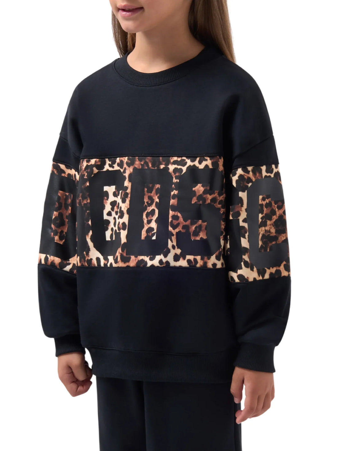 GCDS felpa bambina con banda logo animalier nero