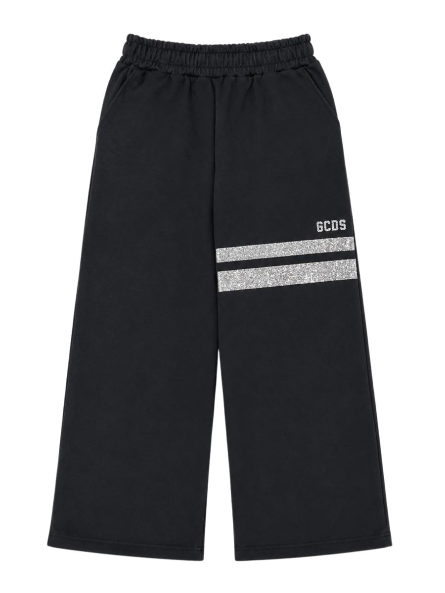 GCDS pantaloni palazzo bambina con bande glitter nero Z0GJQI620F004 999I GCDS 