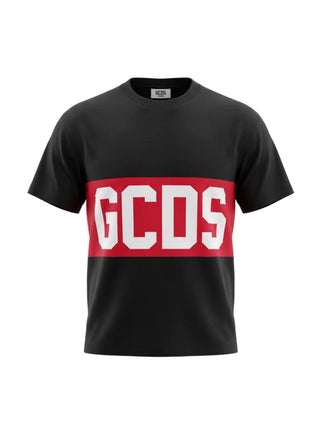 GCDS T-shirt bambino con banda logo nero rosso Z0UJQC585J105 999R GCDS