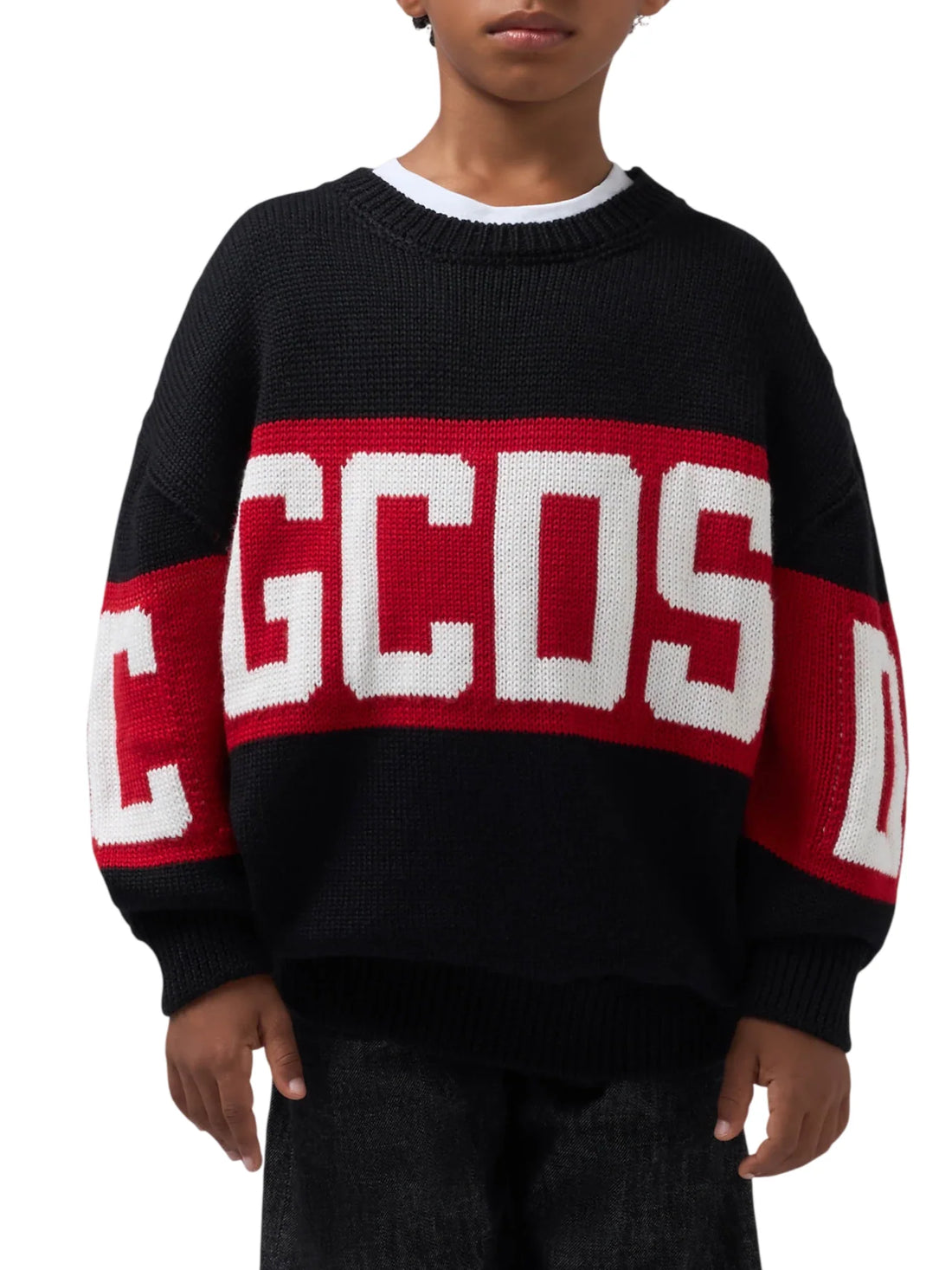 GCDS maglia bambino misto lana banda logo nero