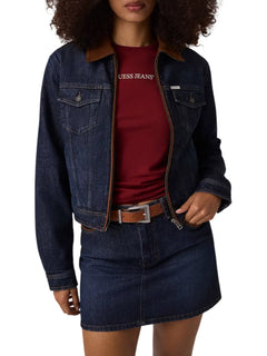 Guess giubbino donna in denim con dettagli suede lavaggio scuro