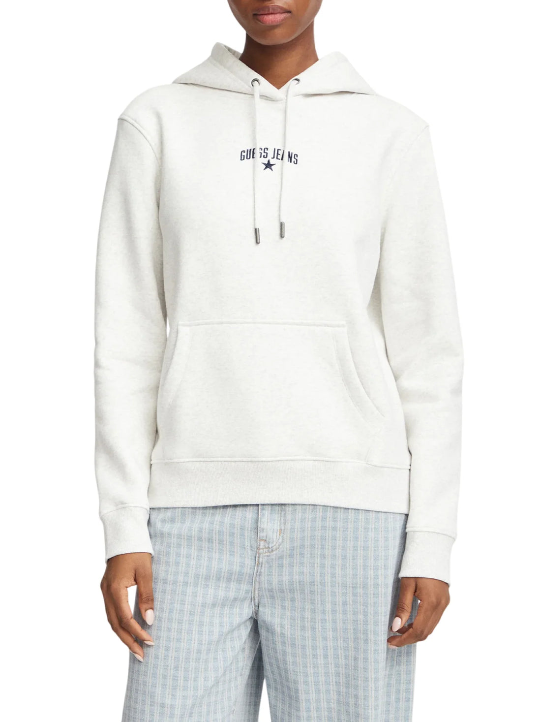 Guess felpa donna con cappuccio ricamo logo grigio melange