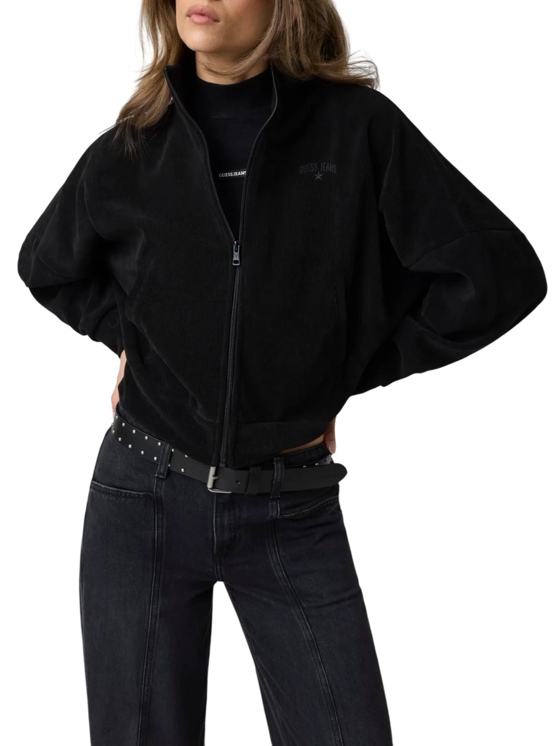 Guess felpa con zip donna in velluto millerighe nero