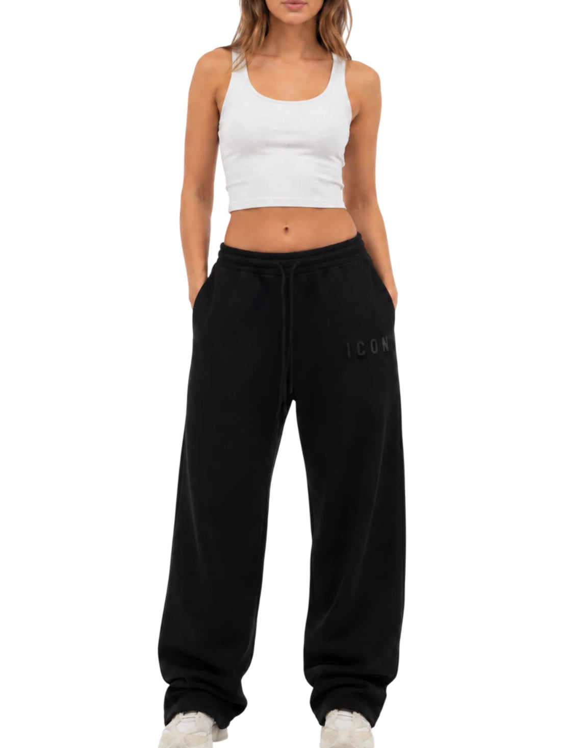 Icon pantaloni donna in felpa wide leg nero